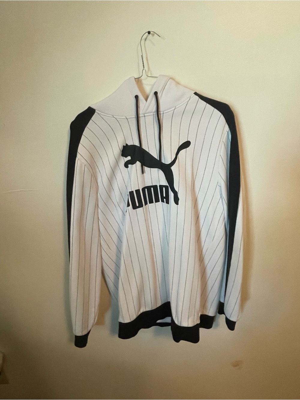 Puma White Pinstripe Hoodie with Black Logo and Accents